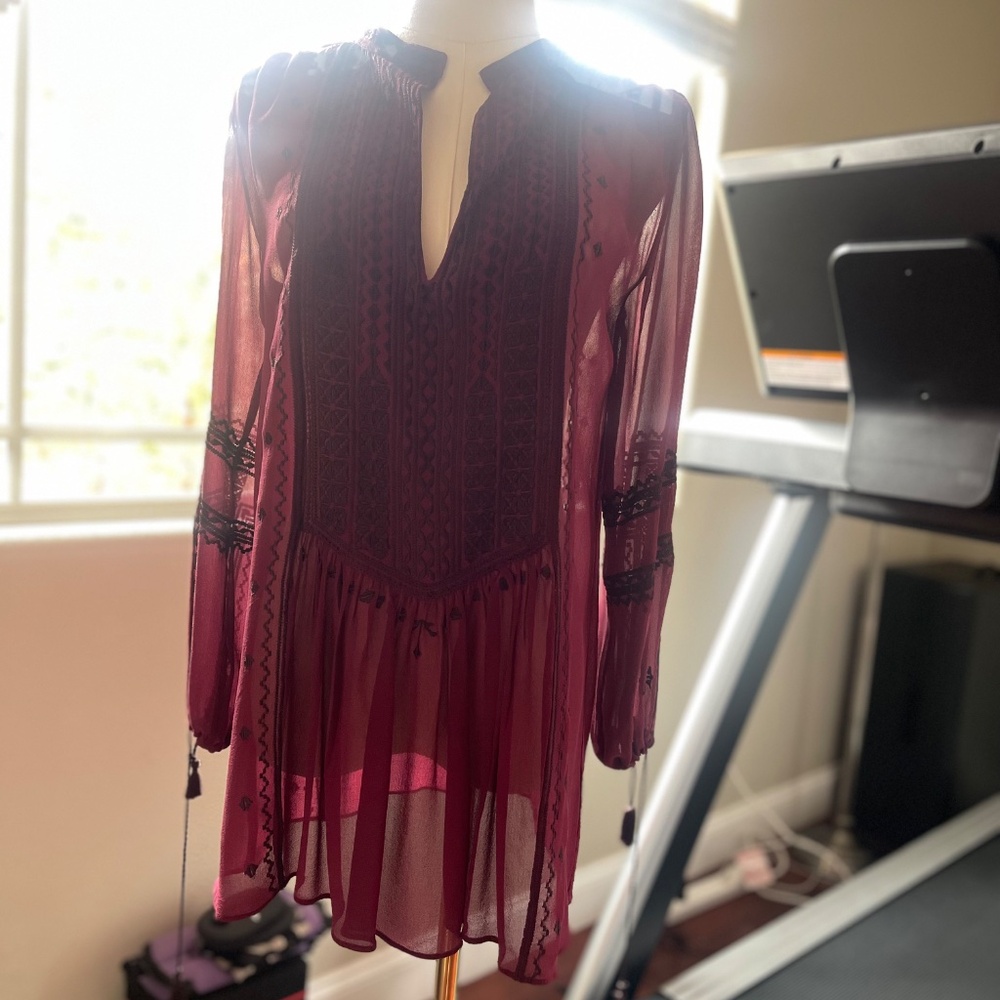 Calypso St. Barth 100% Silk Embroidered Tunic Top Blouse Burgundy/Black XS